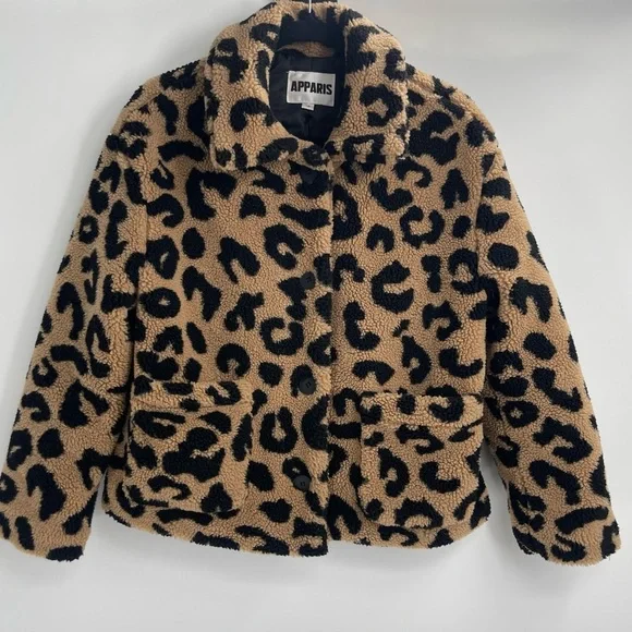 APPARIS anthropologie Animal Print Leopard cheetah Faux Fleece Teddy Jacket xs - Picture 1 of 13